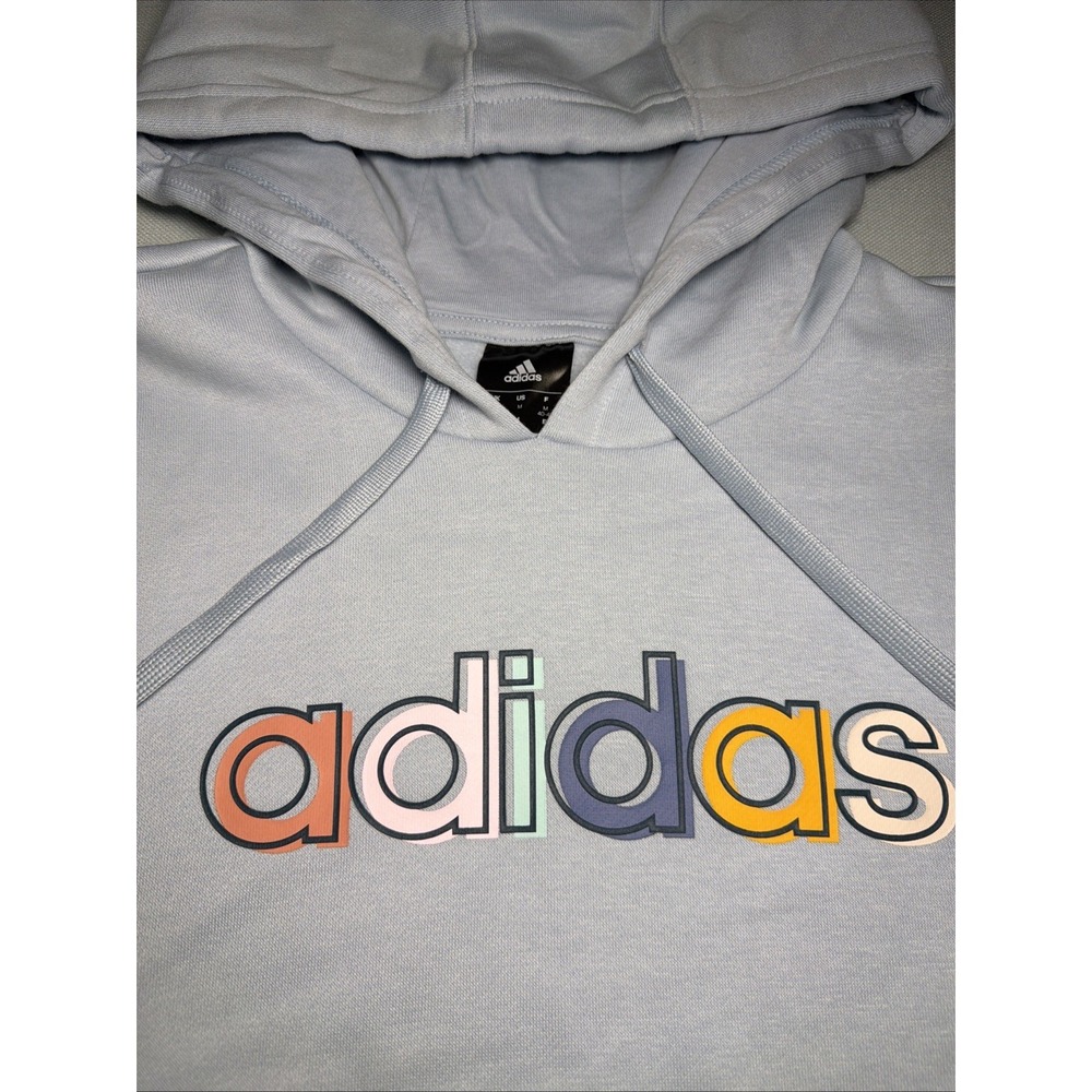 Adidas Sweatshirt Hoodie Womens Size M Blue with Multi-Color Logo Light Blue - Picture 6 of 16